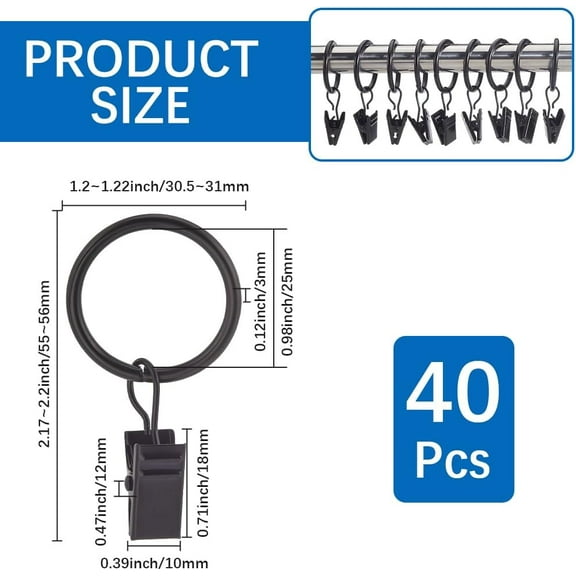 40Pcs Black Curtain Clip Rings Drapery Hanging Rings 1.18 Inch Iron Round Circle Fits up to 1 Inch Rod Metal Sliding Hooks Accessories for Sliding Window Pinch Pleated Drapes Curtains Rods