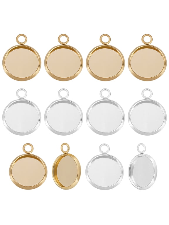 40Pcs Blank Bezel Charms 24K & Sterling Silver Plated 304 Stainless Steel Round 12mm Pendant Cabochon Settings for Jewelry Cameo Photo