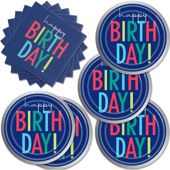 40Pcs Blue Happy Birthday Plates Napkins Set Navy Blue Happy Birthday 7 Inch Plates Disposable Paper Tableware Set Supplies for Men Party Baby Shower Decorations Serve 20