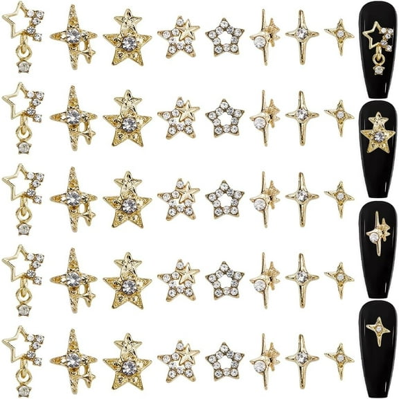 40Pcs/Box Four-Pointed Star Nail Charms Rhinestone 8 Styles 3D Luxury Shiny Gold Nail Gems Metal Alloy Flat Punk Studs Decor for Women Nail Art Charm DIY Craft Jewelry Decor Accessories diy