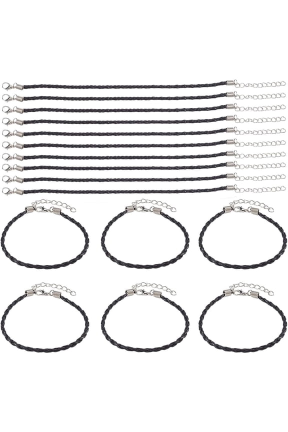 40Pcs Bracelet Cords with Clasp Bracelet Cord Bulk Black 3mm Imitation Leather Lace Plaited Trendy Iron Clasp Extended Chains Ropes Accessory for Jewelry Making Bracelets DIY Crafts
