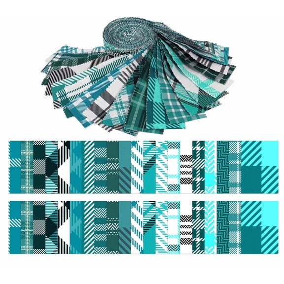 40Pcs Check & Tartan Print Cotton Precut Fabrics For Quilting Craft Strips 2.5x42inches Jelly Roll - Teal Blue
