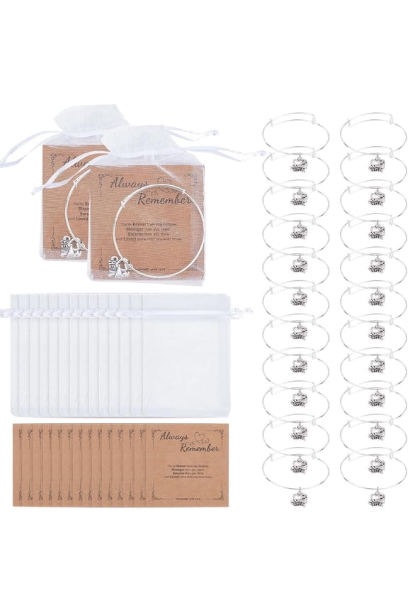 40Pcs Cheerleader Bracelets Iron Expandable Charm Bangles Tibetan Style Heart with Words To Cheer Alloy Charms Organza Bags Paper Card Jewelry Team