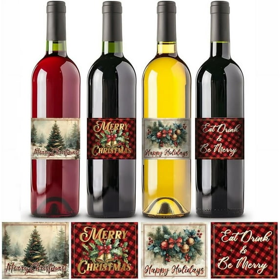 40Pcs Christmas Wine Bottle Labels Merry Christmas Water Bottle Stickers 4 Styles Waterproof Christmas Tree Bottle Labels Stickers for Christmas Party Holiday Decor 3.3x4 inches