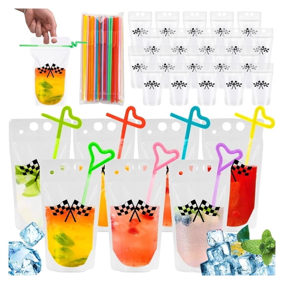 40Pcs Clear Drink Pouches with 100pcs Straw Racing Black White Flag Pattern Plastic Juice Bags 16oz Disposable Beverage Container for Smoothie Juice Translucent Frosted Reclosable Bag