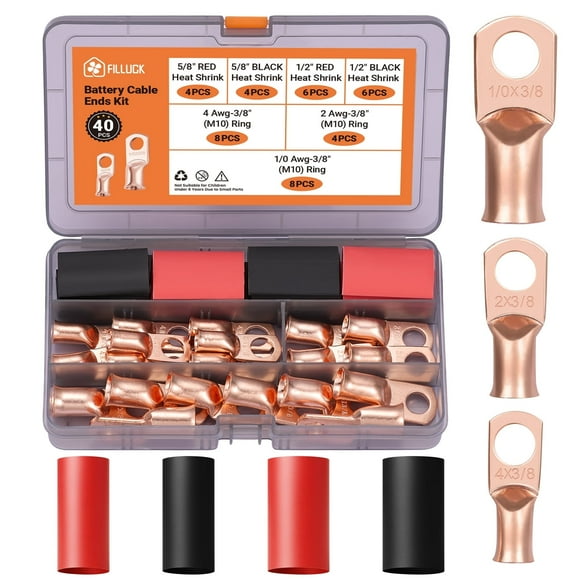 Filluck 40Pcs Copper Wire Lugs AWG 2 4 6 8 10 12 with Heat Shrink Set, Battery Cable Lugs Battery Cable Ends Ring Terminals Connectors with Heat Shrink Tubing Assortment Kit