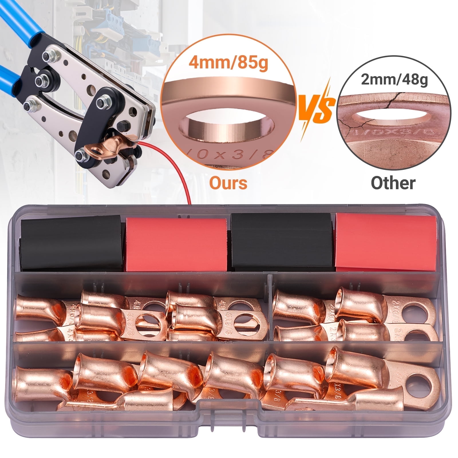 Filluck 40PCS Battery Cable Ends, Heavy Duty Wire Lugs 1/0 AWG 2 AWG 4 AWG, 3/8" Ring Battery Terminal Connectors with 3:1 Heat Shrink Tubing, Wire Connectors Kit for Automotive, Marine, RV, Solar