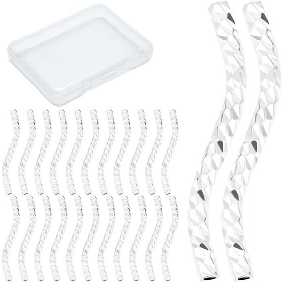 40Pcs Curved Tube Beads Fish Scale Noodle Tube Bead 925 Sterling Silver Plated Brass Long Curved Twist Tube Beads Spacer Connectors Bulk Twist
