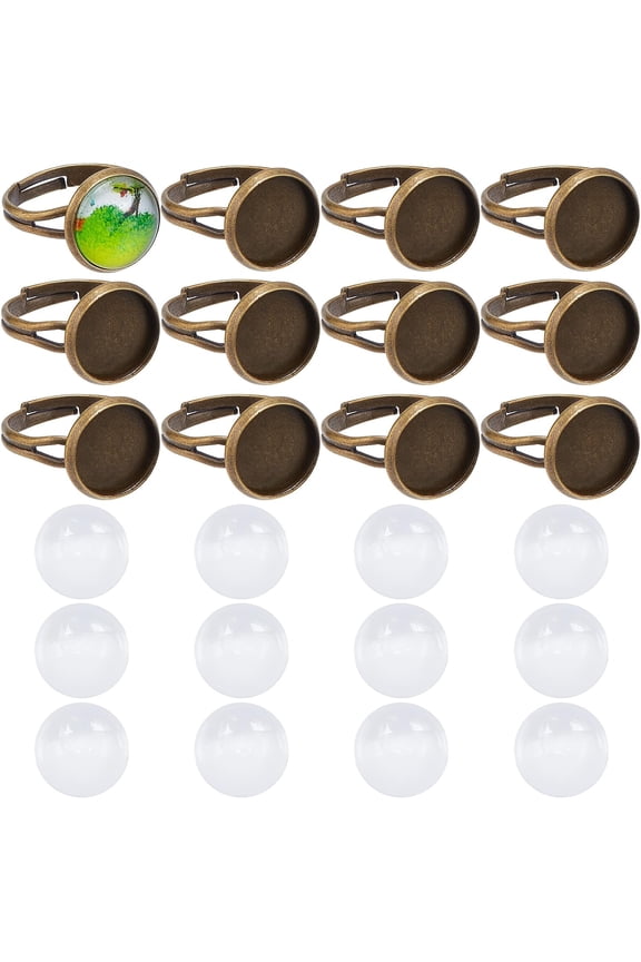 40Pcs DIY 20 Set Vintage Style Brass Finger Ring Base Adjustable Rings Making Kit Ring Components Blanks Clear Glass Cabochons DIY