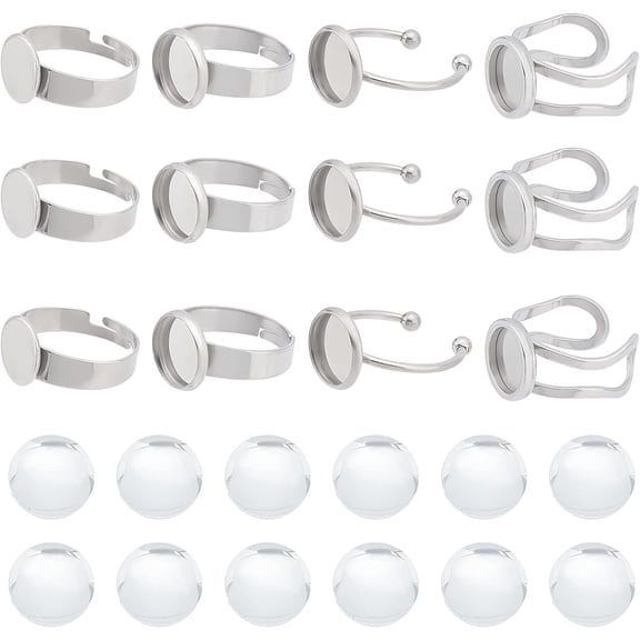40Pcs DIY 20 Sets Ring Blanks Adjustable Ring Base Blank Stainless Steel Ring Bezels Round Glass Cabochons Finger Ring Cabochon Settings Rings Blanks for DIY Jewelry Making Kit Adult DIY Craft