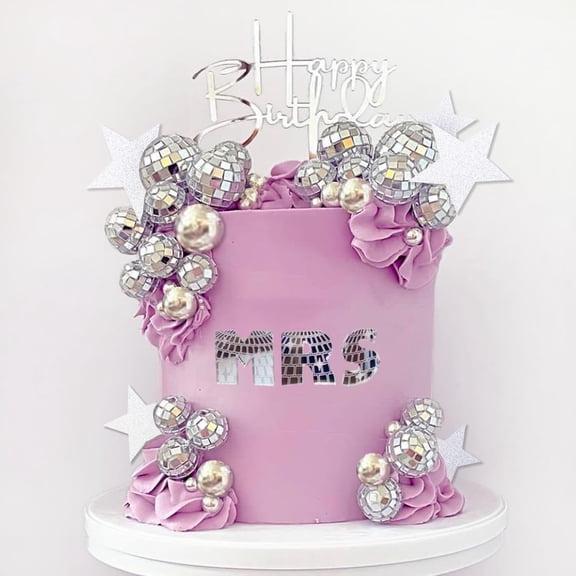40Pcs Disco Ball Cake Toppers Silver Balls Cake Decorations with Silver Mirror Balls Happy Birthday Cake Topper Star Cake Toppers for 70s 80s 90s Disco Music Dance Themed Party Decorations Supplies