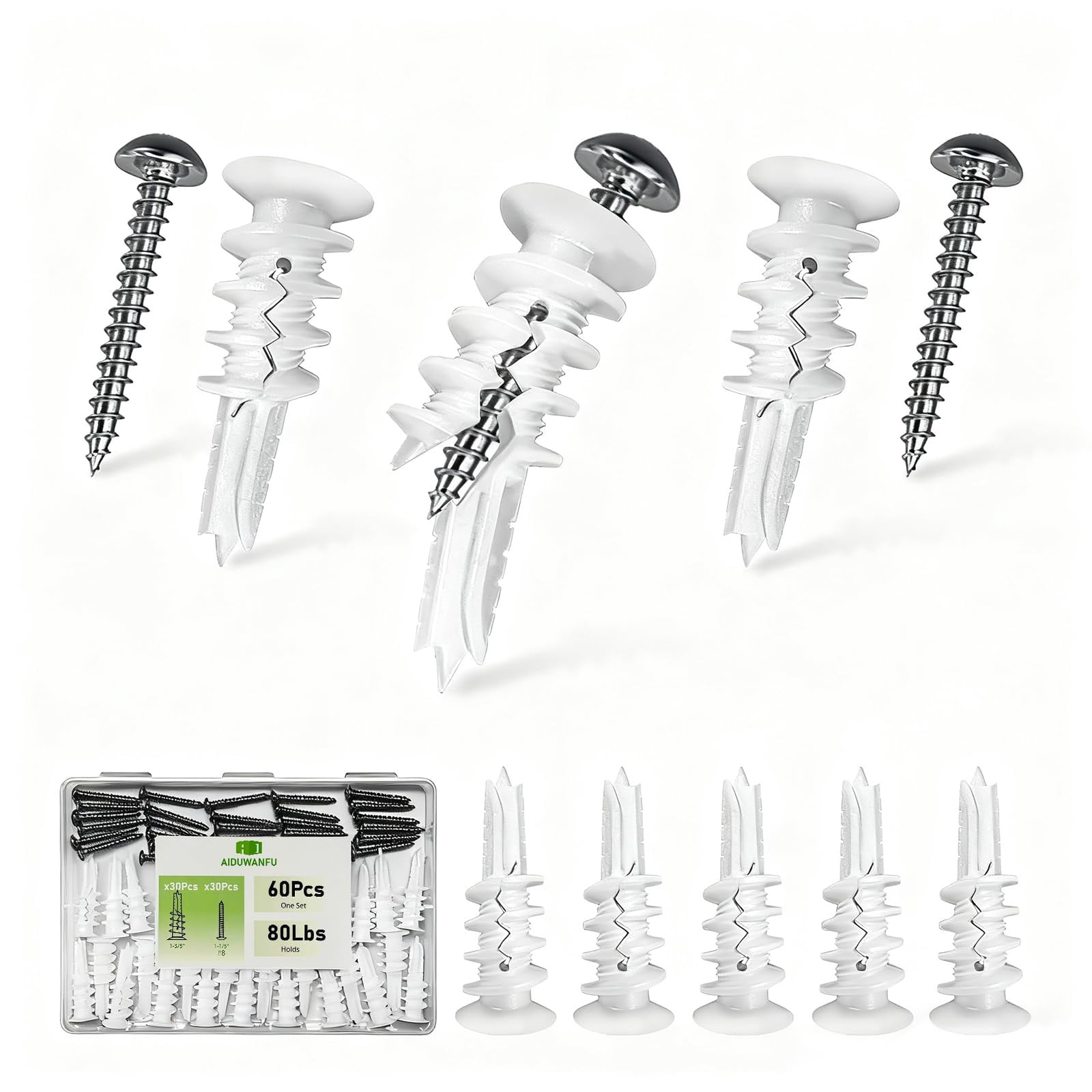 40Pcs Drywall Anchors and Screws Kit, Self Drilling Drywall Anchors Heavy Duty Holds 80lbs, No Drill Hole Required, #8 Phillips Head Screws Assortment Kit for Sheetrock/Plaster Walls(40)