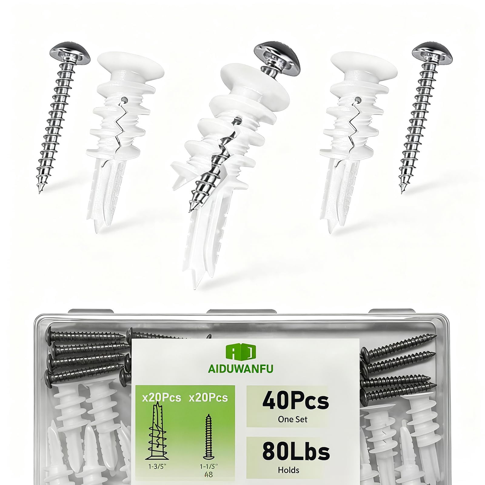 40Pcs Drywall Anchors and Screws Kit, Self Drilling Drywall Anchors Heavy Duty Holds 80lbs, No Drill Hole Required, #8 Phillips Head Screws Assortment Kit for Sheetrock/Plaster Walls(40)