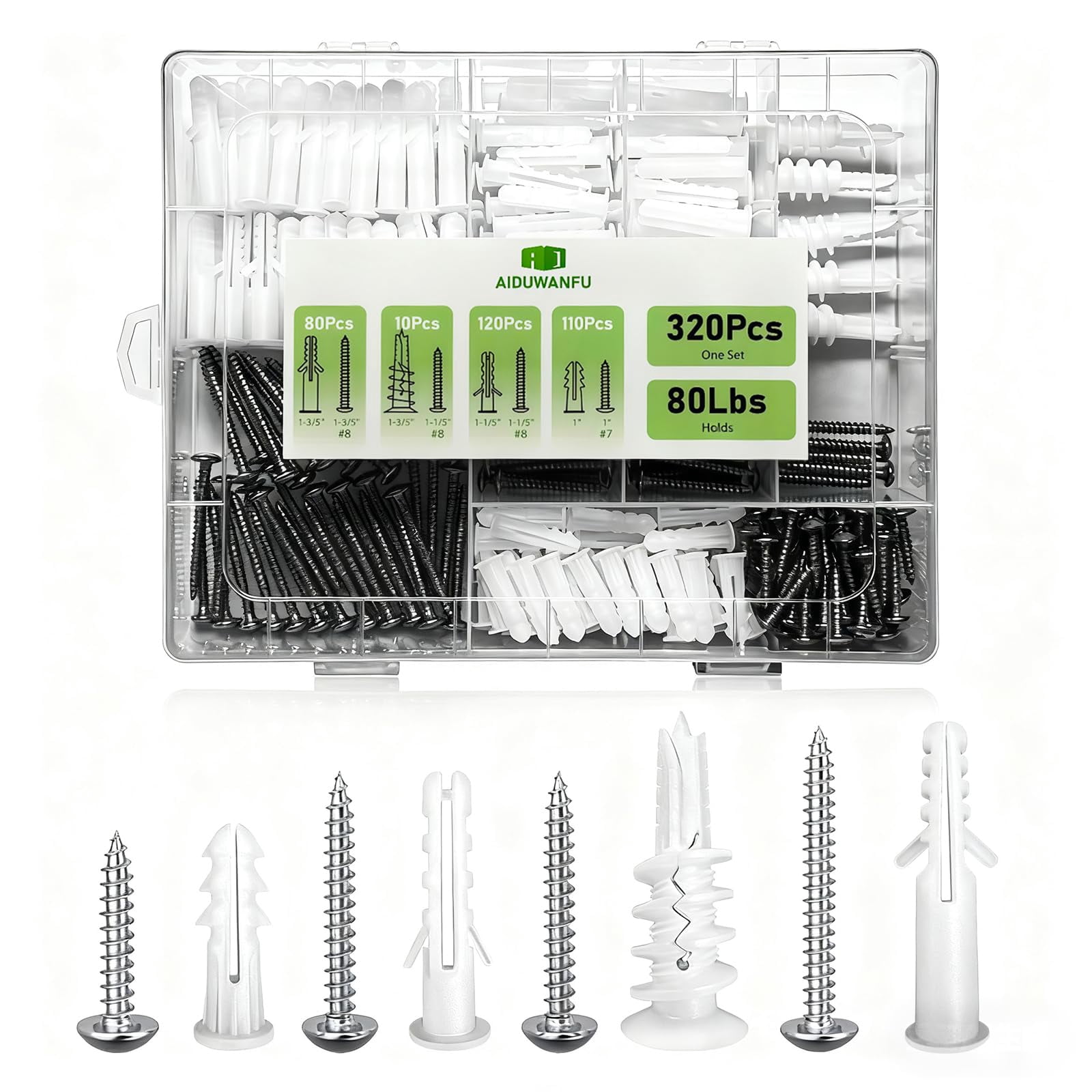 40Pcs Drywall Anchors and Screws Kit, Self Drilling Drywall Anchors Heavy Duty Holds 80lbs, No Drill Hole Required, #8 Phillips Head Screws Assortment Kit for Sheetrock/Plaster Walls(40)