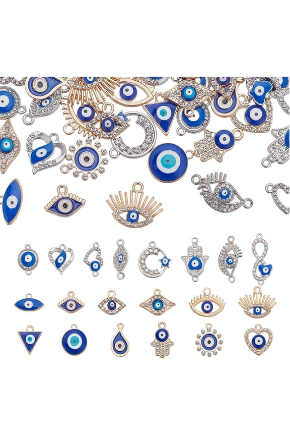 40Pcs Enamel Evil Eye Charms Rhinestone Evil Eye Pendants Flat Back Evil Eye Charms Alloy Connector Pendants for Necklace Jewelry Making Hole: 1.4-1.8mm