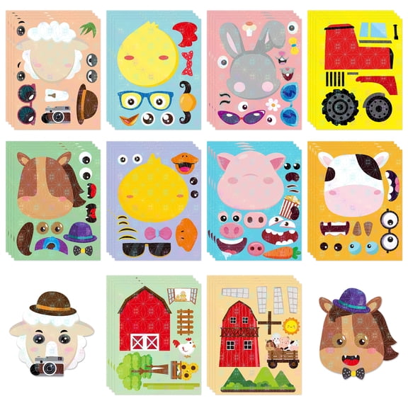 40Pcs Farm Animal Stickers Set  Cute Face Pattern Decals for DIY Crafts, Scrapbooking, and Party Activities