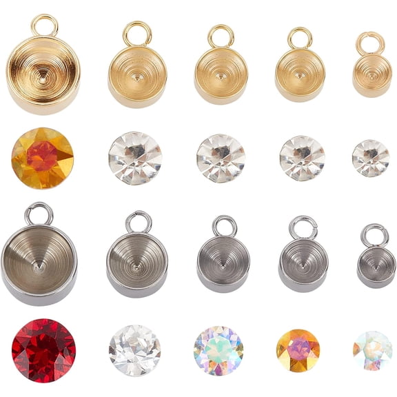 40Pcs Flat Round 304 Stainless Steel Charm Rhinestone Settings 40Pcs Glass Pointed Rhinestone Mixed Color 80pcs/box