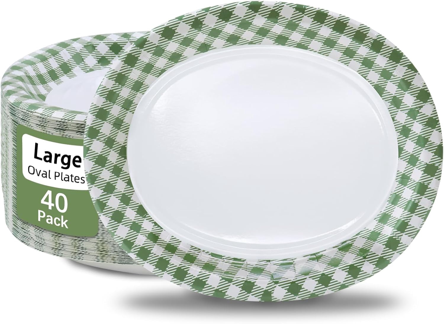 40Pcs Gingham Party Supplies 10"x12" Oval Green Paper Plates - Large Pastel Dinner Plates St Patrick’s Plates Heavy Duty for St Patrick’s Picnic Birthday Baby Shower