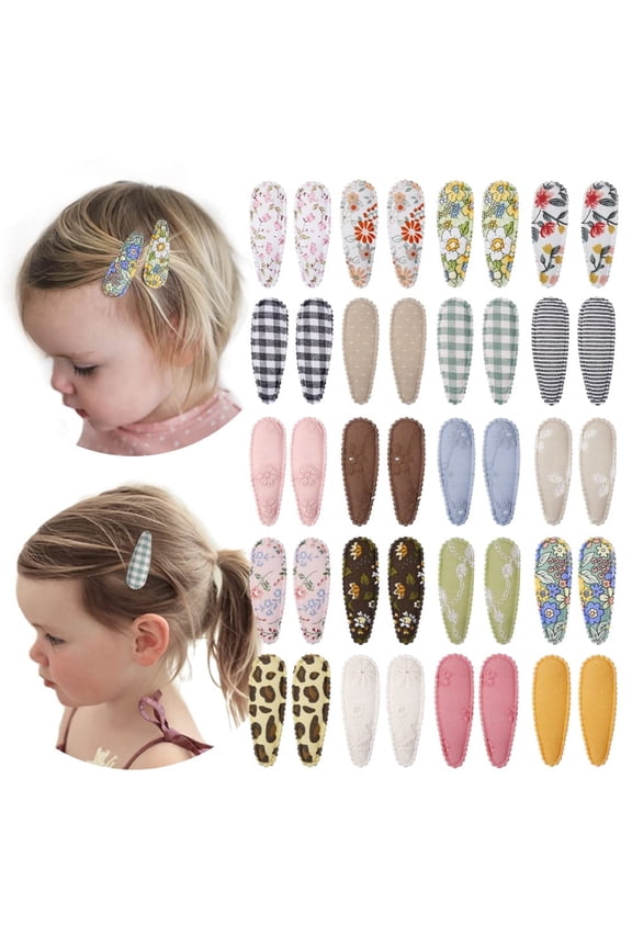 40Pcs Girl Floral Print Hair Clips, Non Slip Wrapped Snap Hairpins for Kids, Barrettes Hair Accessories for Baby Toddler Girls
