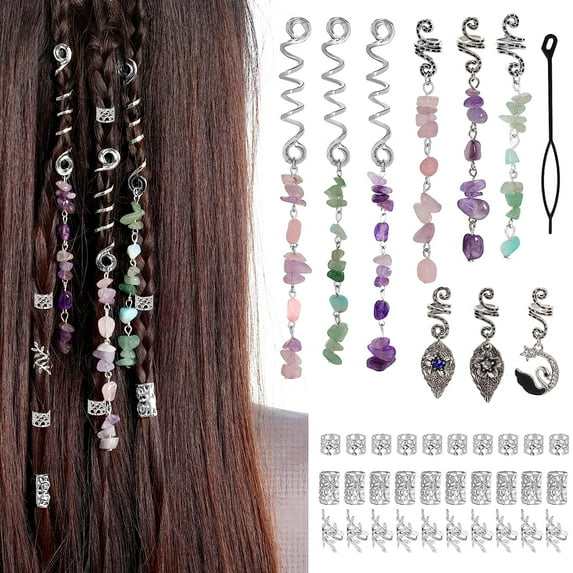 40Pcs Hair Jewelry for Braids,Natural Colored Crystal Stone Hair Braid Accessories Metal Hair Charms Silver Loc Dreadlock Hair Spirals Cuffs Rings for Women Girls Hairstyle Decoration