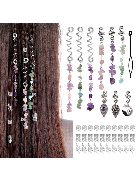 40Pcs Hair Jewelry for Braids,Natural Colored Crystal Stone Hair Braid Accessories Metal Hair Charms Silver Loc Dreadlock Hair Spirals Cuffs Rings for Women Girls Hairstyle Decoration