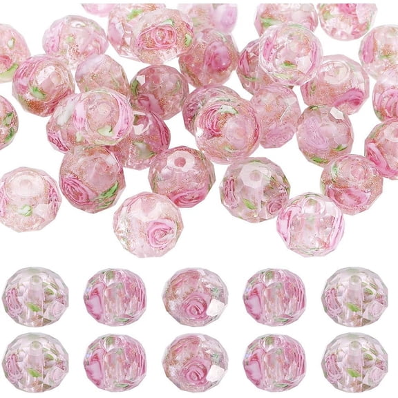 40Pcs Handmade Gold Sand Lampwork Beads Strands Inner Flower Faceted Rondelle Pink 9~10x7~8mm Hole: 2mm for DIY