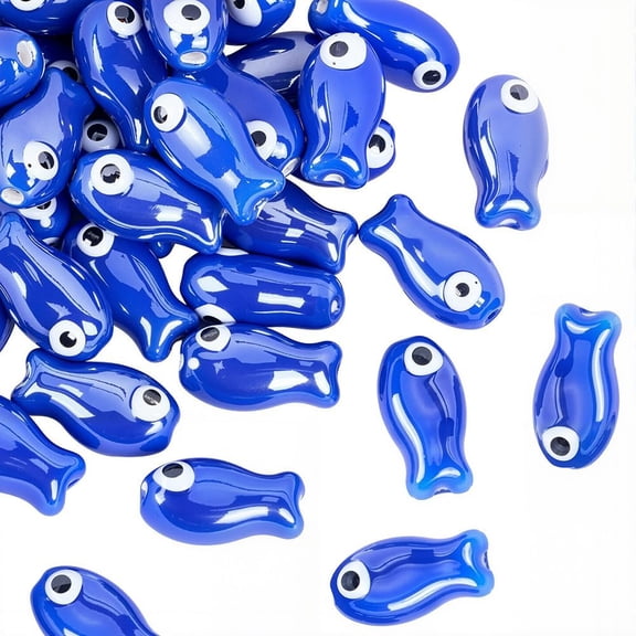 40Pcs Handmade Porcelain Ceramic Beads Hand Painted Bright Glazed Porcelain Fish Blue 19x10x8mm Hole: 1.5mm