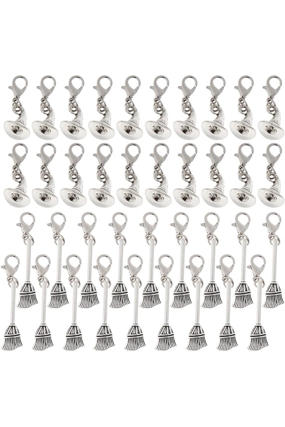 40Pcs Hat Charms Tibetan Style Pendant Alloy Broom Jewelry Pendant Clip on Charm Set with Lobster Claw Clasps (Silver) for DIY Keyring and Box Pendant Jewelry 25~39mm