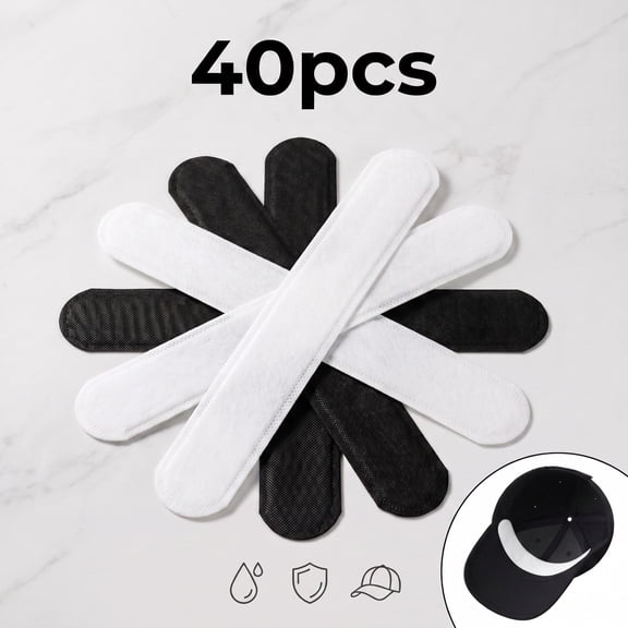 40Pcs Hat Sweat Liner, Black & White Disposable Absorbing Sweat Protector Bands for Baseball Golf Caps, 5.43 in × 1.50 in, Prevents Stains & Shields Hat Liner