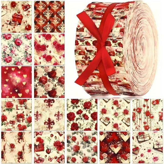 40Pcs Jelly Roll Fabric Strips for Quilting and Sewing, 2.6" x 20" Precut Fabric for Crafting, Vintage Red Rose Series