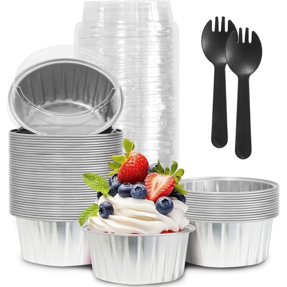 bililiart Mini Aluminum Foil Cupcake Liners, 4oz Disposable Cake Cups with Lids, Tin Cups Containers for Cupcake, Pudding, Muffin, Cheesecake 40Pcs