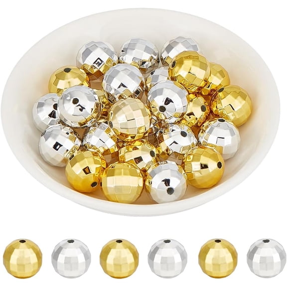 40Pcs Mirror Ball Bead Acrylic Disco Beads Bulk Gold Silver Faceted Round Balls Reflective Mirrorballs Small Loose Spacer Bead for Jewelry Making Bracelets Necklaces DIY Crafts Supplies colorful