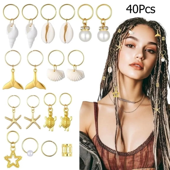 40Pcs Ocean Theme Braid Hair Charms, Gold Shell Starfish Dreadlock Hair Accessories Hair Clips