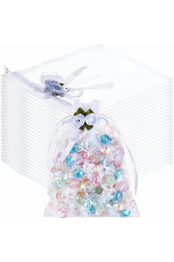 40Pcs Organza Gift Bags 5.2x7 Inch 3D Flower White Wedding Party Favor Drawstring Bags Candy Makeup Jewelry Mesh Pouch Storage
