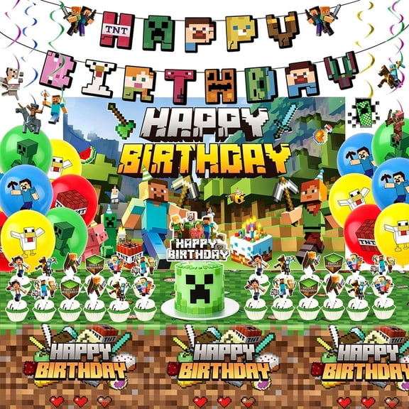 40Pcs Pixel Birthday Party Decorations, Party Supplies Set Including Balloons, Backdrop, Banner, Tablecloth, Hanging Swirls, Cake Cupcake Toppers for Kids Gaming Theme Party
