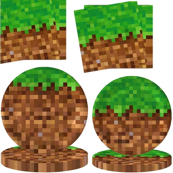 40Pcs Pixel Party Decorations Gamer Party Supplies for 20 Guests- Pixel Mining Craft Theme Disposable Birthday Party Tableware Pack Includes Plates, Napkins, Plastic Forks