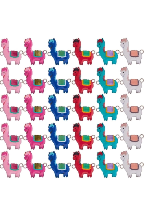 40Pcs Printed Alloy Connector Charms with Enamel Llama/Alpaca Links Platinum Mixed Color 26x22.5x2mm Hole: 1.8mm