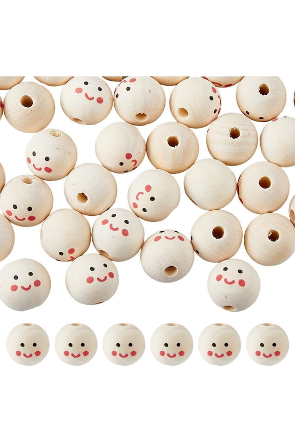 40Pcs Printed Wood Beads Round Wooden Beads Large Hole Beads 4.9mm Bead with Face Pattern European Beads for Macrame Jewelry Necklace Making Home DecorBisque