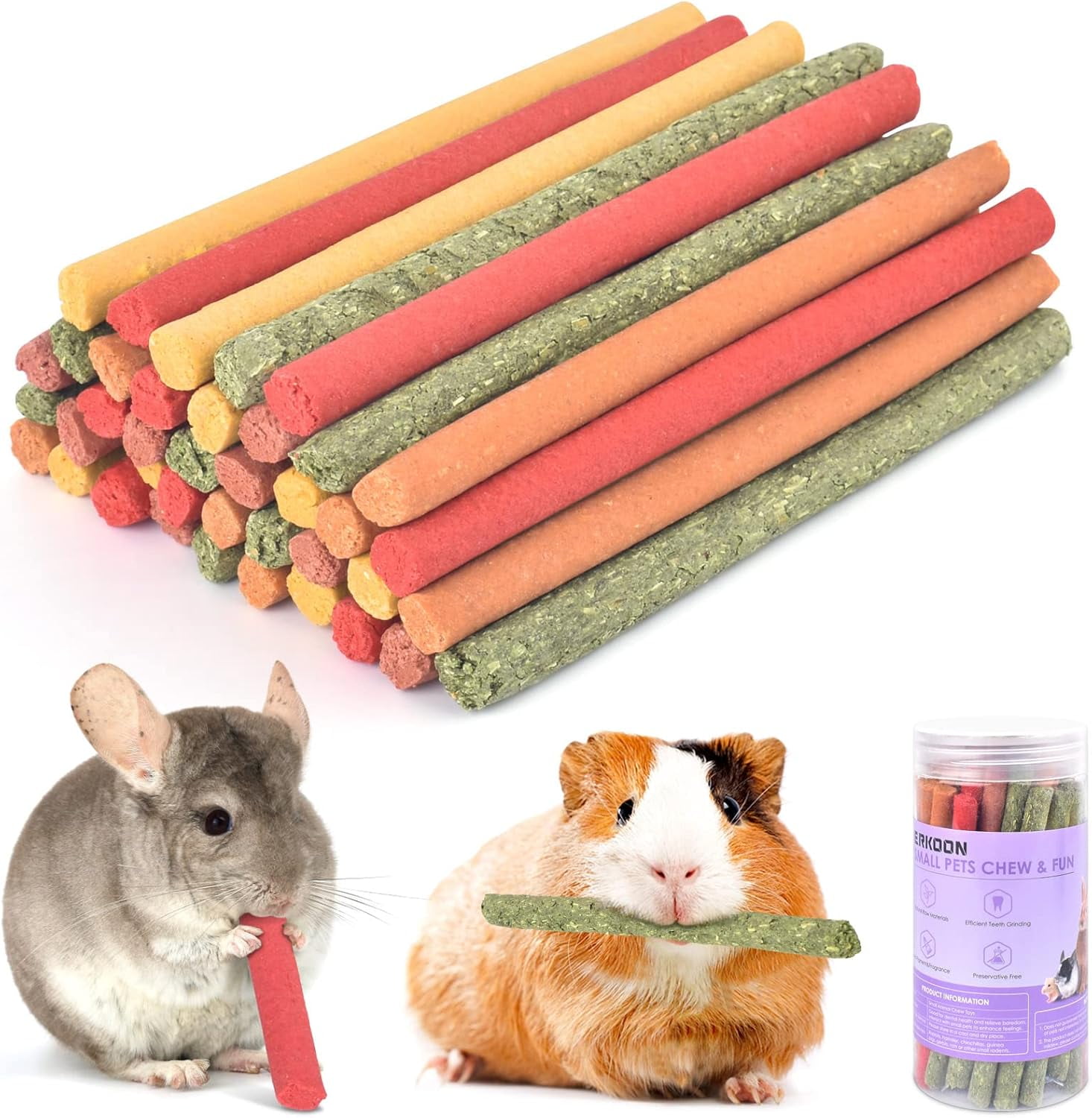 40Pcs Rabbit Timothy Hay Sticks, Five Flavors：PurplePotato/TimothyHay/Pumpkin/Strawberry/Carrot，Suitable Guinea Pig, Hamste, Gerbil, Chinchilla Treats, Chew Toys for Teeth for Bunnies
