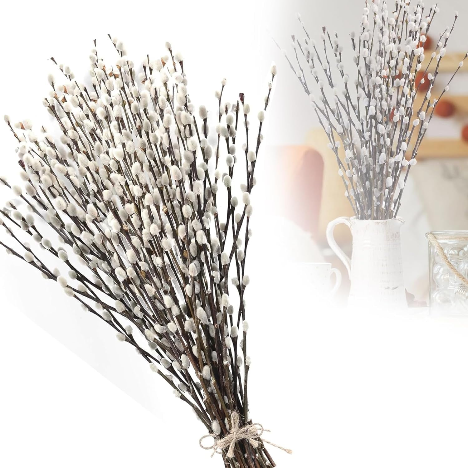 40Pcs Real Dried Pussy Willow Branches, 15.7" White Pussy Willows Snow willlows Dried Flowers Pussywillow for Home Decorations, Wedding, Fireplace Yard