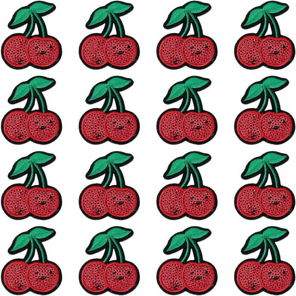 40Pcs Red Sequin Cherry Patches Cute Embroidery Fruit Iron On Applique Badge Cartoon Plant Sew On Decorative Repair Patch for Sewing Making Clothes Hats Bags Jeans Decor DIY Craft Supply