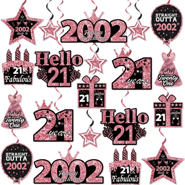40Pcs Rose Gold 21st Birthday Decorations Hanging Swirls, Hello 21