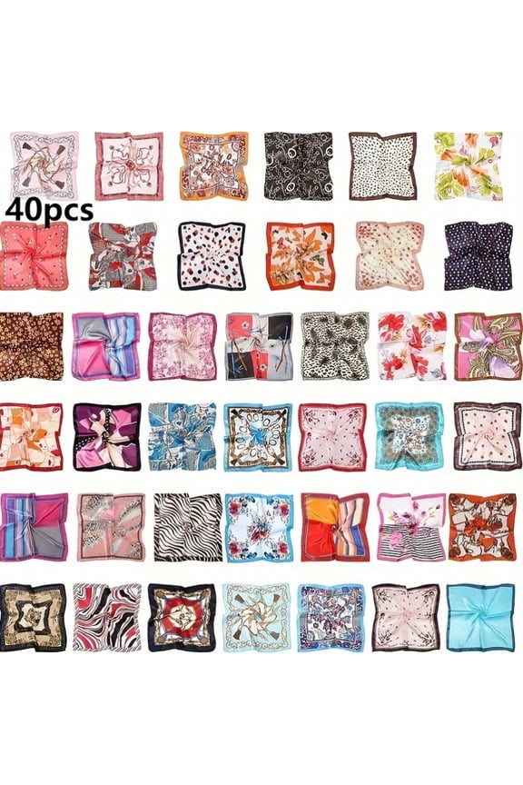 40Pcs Scarves Headscarf Gift Box, Random Combination Bulk Silk-Like Satin Scarfs, Random Fashion Printed Neck Scarf, 19.719.7Inch, for Daily Commute, Party, Mothers Day Gift for Sister, Daughter
