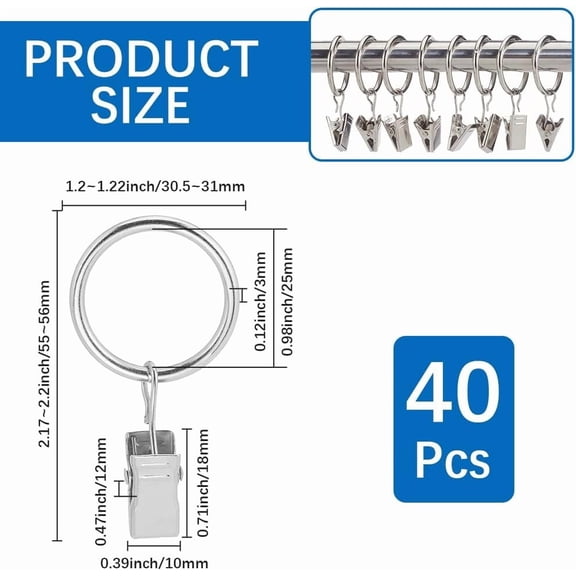 40Pcs Silver Curtain Ring Clips Metal Drapery Rings 1.18 Inch Small Round Circle Fits up to 1 Inch Rod Iron Hanging Hook Accessories for Sliding Window Pinch Pleated Drapes Curtains Rods
