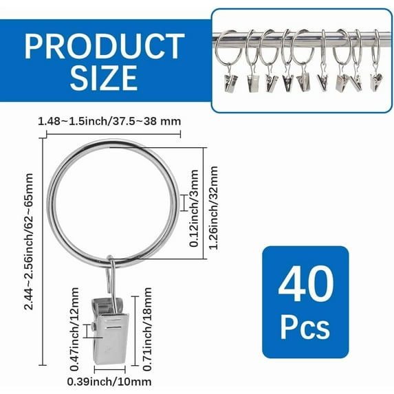 40Pcs Silver Curtain Ring Clips Metal Drapery Rings 1.5 Inch Metal Circle Hanging Hook Iron Fits up to 1.1 Inch Rod Holder Accessories for Sliding Window Pinch Pleated Drapes Curtains Rods