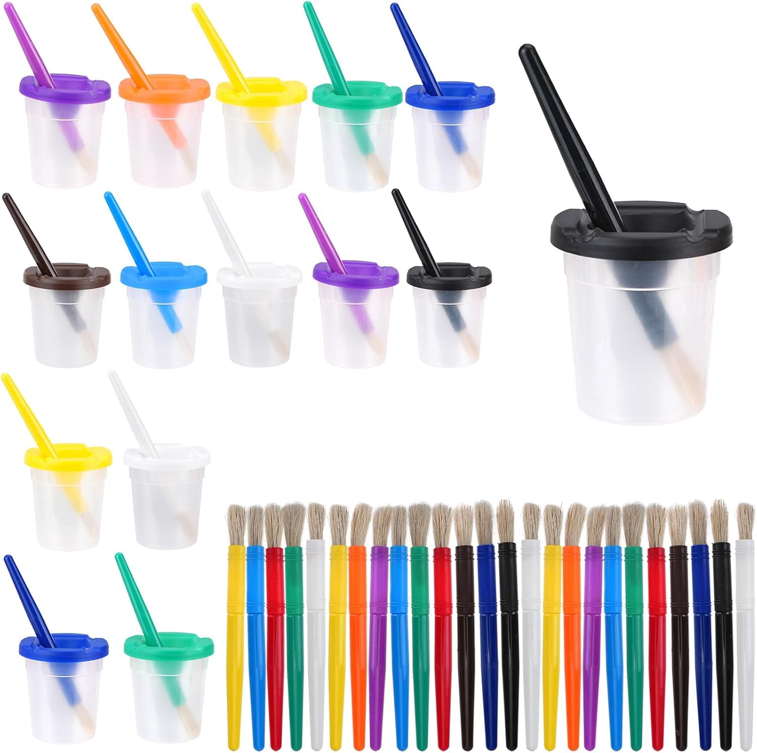 40Pcs No Spill Paint Cups with Lids Set, 15 Pcs Spill Proof Painting Containers and 25 Pcs Round Paint Brushes, Reusable Paint Cups with Lids for Art Craft Class Home Supplies