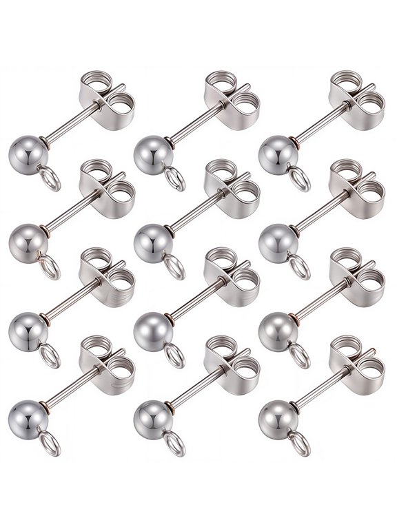 40Pcs Stainless Steel Ball Post Stud Earring Findings with Horizontal Loop and Pin with Ear Nuts Stainless Steel Color 15x7x4mm Hole: 1.8mm Pin: 0.7mm