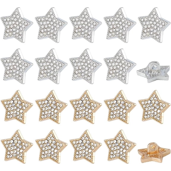 40Pcs Star Rhinestone Buttons 2 Color Gold Silver Alloy Embellishment Bling Decorative Buttons Flat Star Sewing Clothing Button