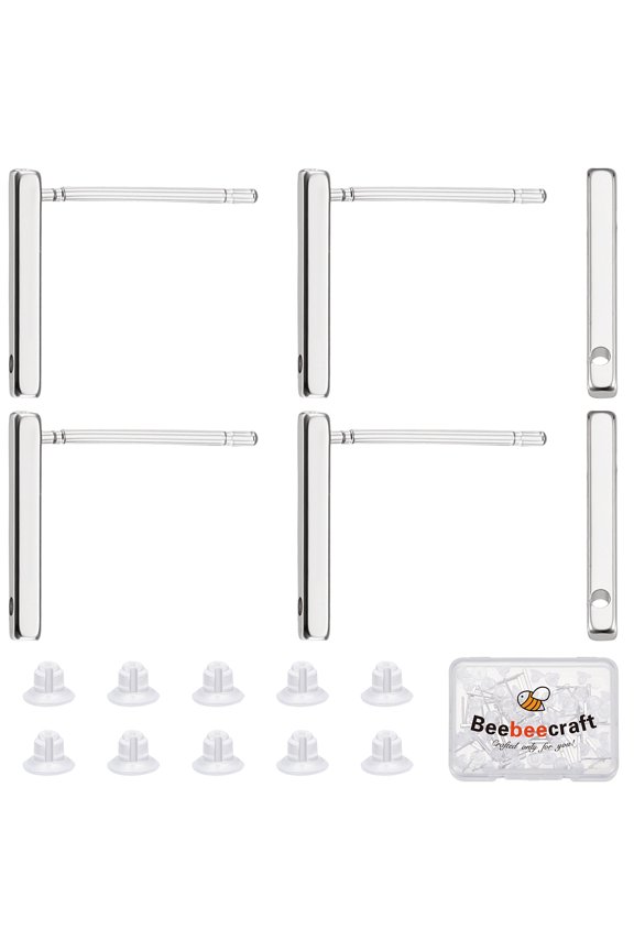 40Pcs Stud Earring with Loop Platinum Plated Rectangle Earring Posts Bar Earring Findings with Ear Nut