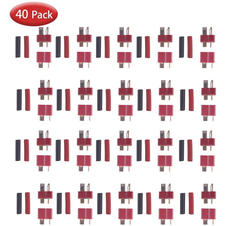 T Plug Connectors For RC LiPo Batteries - 10 Pairs Male/Female With Heat Shrink Tubing, Gold Plated